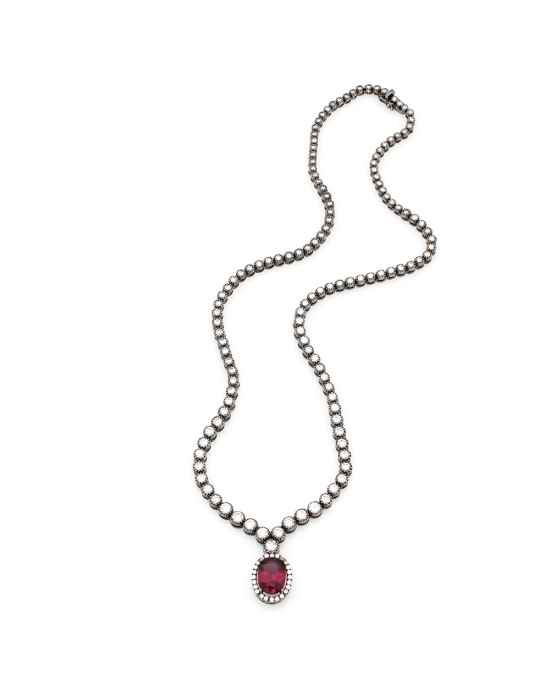 Diamond Inline Necklace with Diamond Halo and Rubellite Oval in 18k White Gold